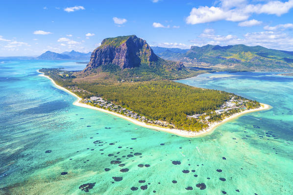 Aerial view of Le Morne Brabant Peninsula. Le Morne, Black River (Riviere Noir), West Coast, Mauritius, Africa