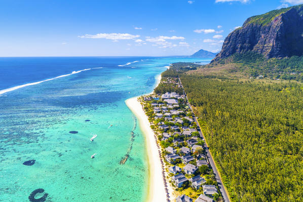 Aerial view of Le Morne Brabant Peninsula and the St. Regis hotel. Le Morne, Black River (Riviere Noir), West Coast, Mauritius, Africa