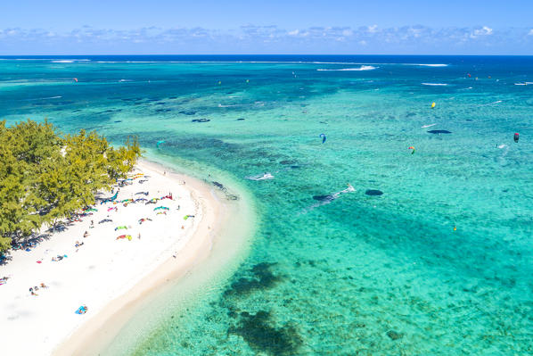 Aerial view of people doing kitesurfing. Le Morne, Black River (Riviere Noir), West Coast, Mauritius, Africa
