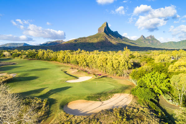 Aerial view of Tamarina golf course during the sunset. Tamarin, Black River (Riviere Noir), Mauritius, Africa