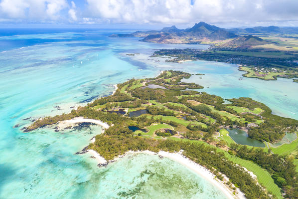 Aerial view of Ile Aux Cerfs (Deer Island) with its golf course. Trou d'Eau Douce, Flacq district, East coast Mauritius, Africa
