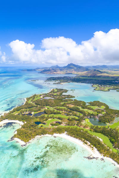 Aerial view of Ile Aux Cerfs (Deer Island) with its golf course. Trou d'Eau Douce, Flacq district, East coast Mauritius, Africa