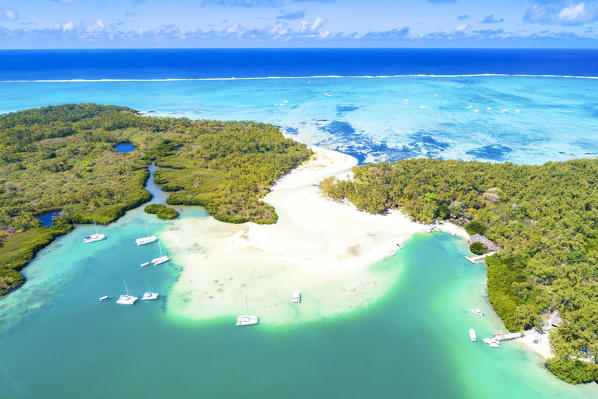 Aerial view of Ile Aux Cerfs (Deer Island). Trou d'Eau Douce, Flacq district, East coast Mauritius, Africa