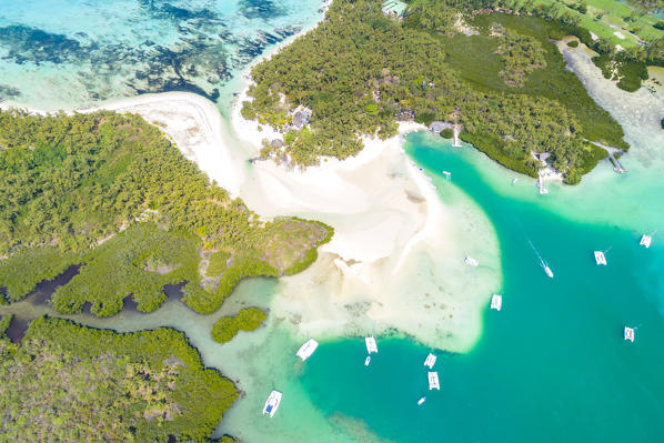 Aerial view of Ile Aux Cerfs (Deer Island). Trou d'Eau Douce, Flacq district, East coast Mauritius, Africa