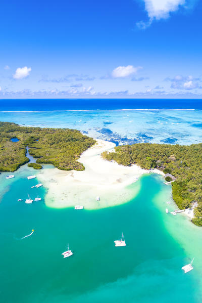 Aerial view of Ile Aux Cerfs (Deer Island). Trou d'Eau Douce, Flacq district, East coast Mauritius, Africa