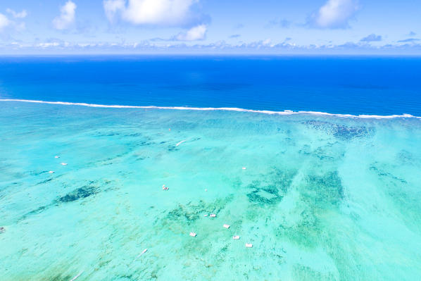 Aerial view of turquoise sea with tropical reef. Trou d'Eau Douce, Flacq district, East coast Mauritius, Africa