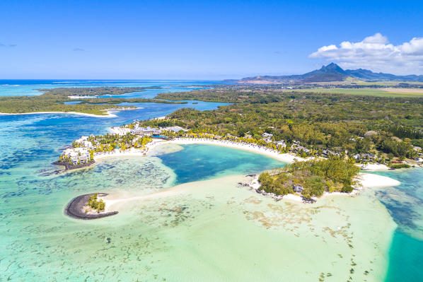 Aerial view of the Shangri-La Le Toussrok Hotel. Trou d'Eau Douce, Flacq district, East coast Mauritius, Africa