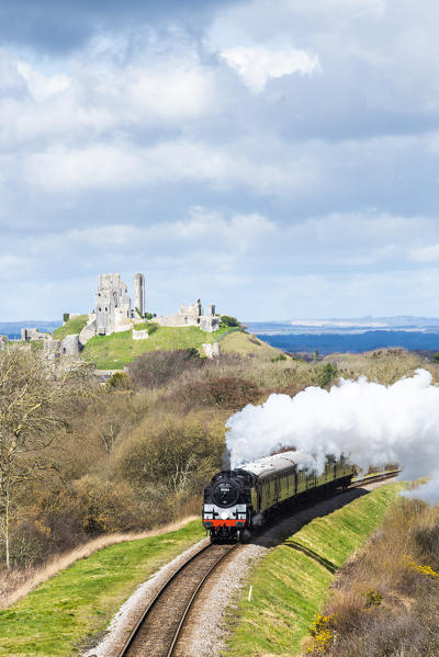 Steam train on the Swanage Railway, Corfe Castle, Dorset, England, UK