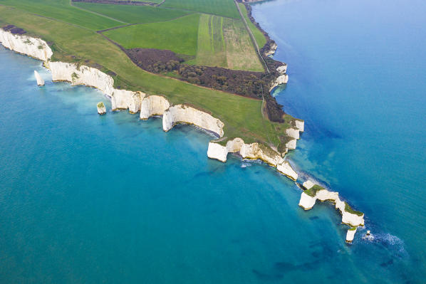 Aerial view of Old Harry Rocks, Handfast Point, Isle of Purbeck, Jurassic Coast, Dorset, England, UK