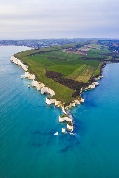 Aerial view of Old Harry Rocks, Handfast Point, Isle of Purbeck, Jurassic Coast, Dorset, England, UK