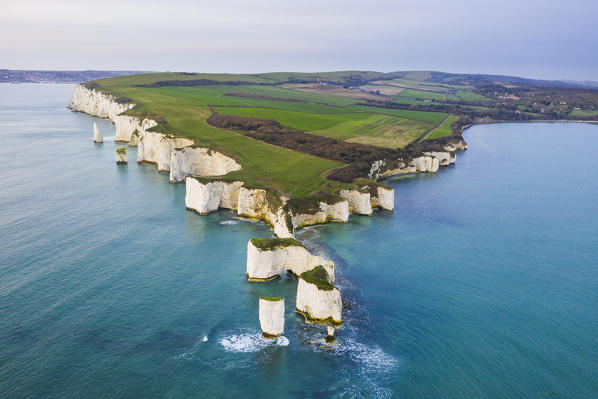 Aerial view of Old Harry Rocks, Handfast Point, Isle of Purbeck, Jurassic Coast, Dorset, England, UK