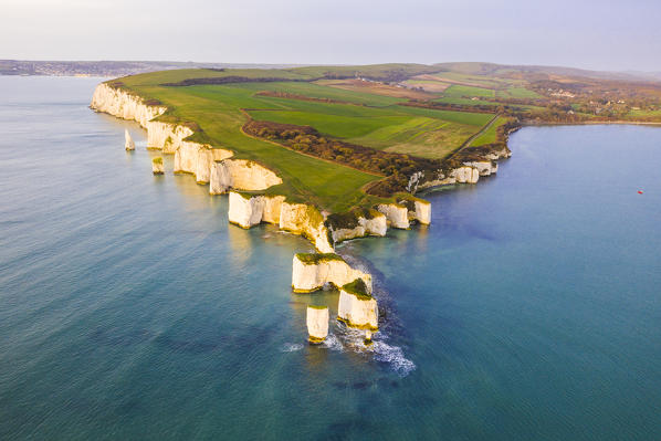 Aerial view of Old Harry Rocks, Handfast Point, Isle of Purbeck, Jurassic Coast, Dorset, England, UK