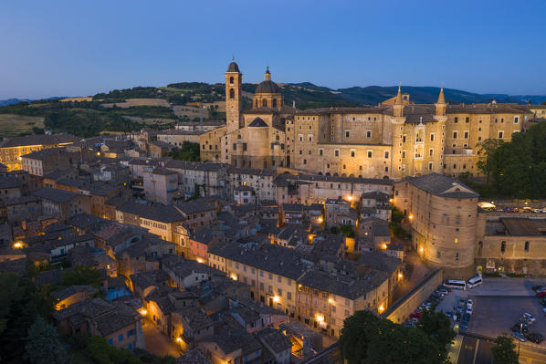 Aerial view of Urbino at dusk. Urbino, Marche, Italy, Europe