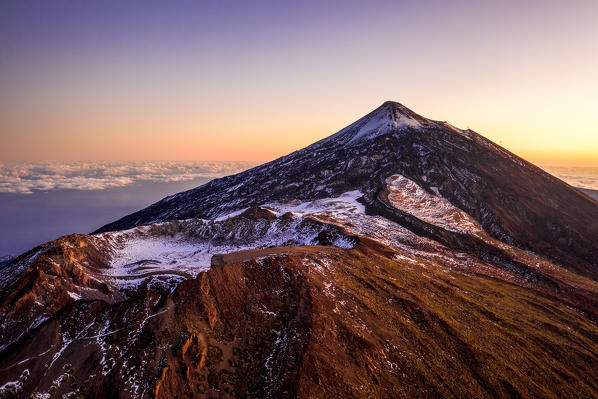Aerial view of mount Teide and the Pico Viejo at dusk. Teide National Park, Tenerife Canary Islands, Spain 