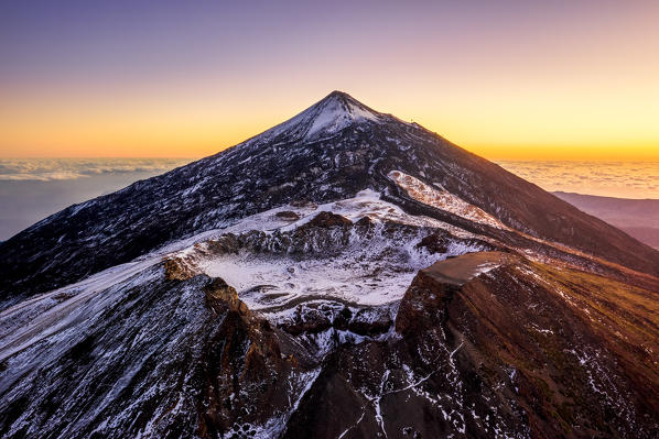 Aerial view of mount Teide and the Pico Viejo at dusk. Teide National Park, Tenerife Canary Islands, Spain