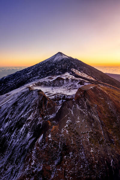 Aerial view of mount Teide and the Pico Viejo at dusk. Teide National Park, Tenerife Canary Islands, Spain