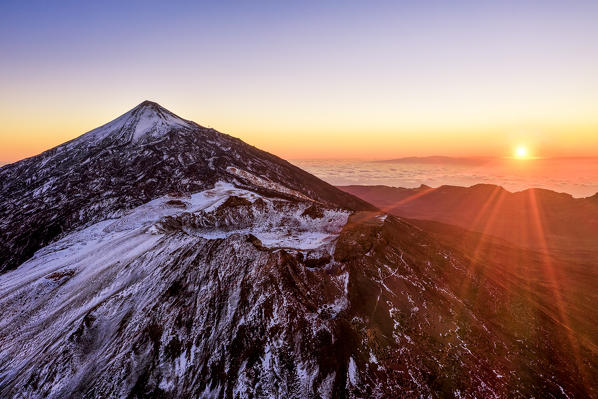 Aerial view of mount Teide and the Pico Viejo at sunrise. Teide National Park, Tenerife Canary Islands, Spain