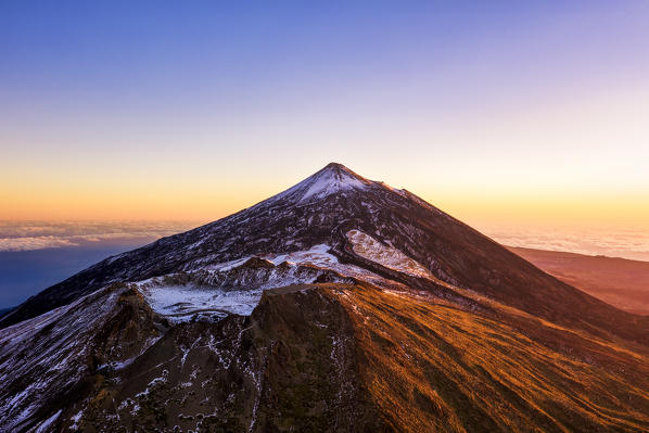 Aerial view of mount Teide and the Pico Viejo at sunrise. Teide National Park, Tenerife Canary Islands, Spain