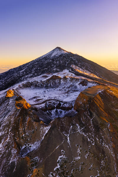 Aerial view of mount Teide and the Pico Viejo at sunrise. Teide National Park, Tenerife Canary Islands, Spain