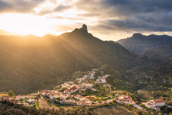 Roque Bentayga and Tejeda village at sunset. Tejeda, Las Palmas, Gran Canaria, Canary Islands, Spain, Europe