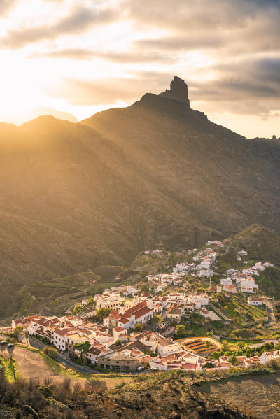 Roque Bentayga and Tejeda village at sunset. Tejeda, Las Palmas, Gran Canaria, Canary Islands, Spain, Europe
