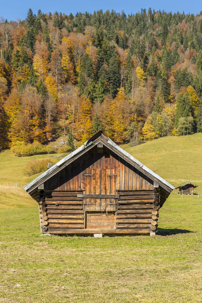 Gerold, Garmisch Partenkirchen, Bavaria, Germany, Europe. Frontal view of a wood hut