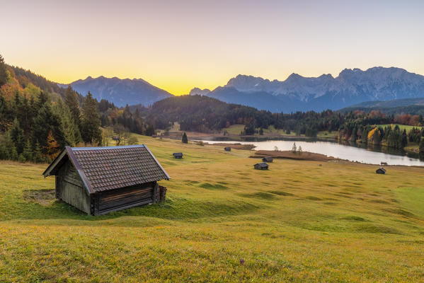 Gerold, Garmisch Partenkirchen, Bavaria, Germany, Europe. Sunrise at Gerold with Karwendel range in the background