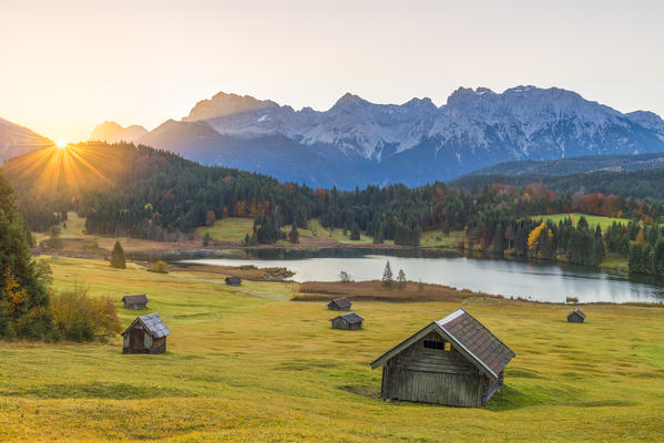 Gerold, Garmisch Partenkirchen, Bavaria, Germany, Europe. Sunrise at Gerold. Karwendel range in the background