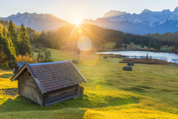 Gerold, Garmisch Partenkirchen, Bavaria, Germany, Europe. Sunrise at Gerold with Karwendel range in the background