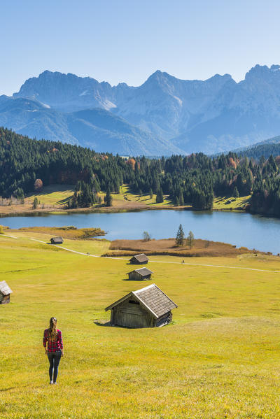 Gerold, Garmisch Partenkirchen, Bavaria, Germany, Europe. Young woman admiring the view in Gerold