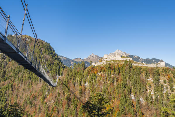Reutte, Tyrol, Austria, Europe. Ehrenberg Castle and the Highline 179, the world’s longest pedestrian suspension bridge.