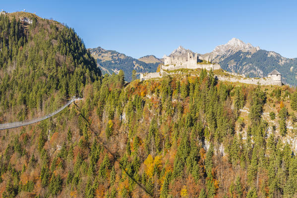 Reutte, Tyrol, Austria, Europe. Ehrenberg Castle and the Highline 179, the world’s longest pedestrian suspension bridge.