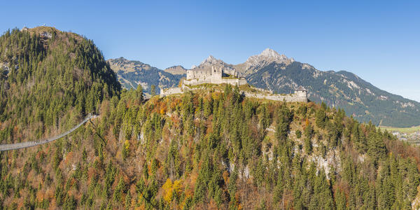 Reutte, Tyrol, Austria, Europe. Ehrenberg Castle and the Highline 179, the world’s longest pedestrian suspension bridge.