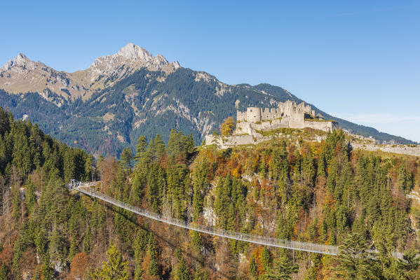 Reutte, Tyrol, Austria, Europe. Ehrenberg Castle and the Highline 179, the world’s longest pedestrian suspension bridge.