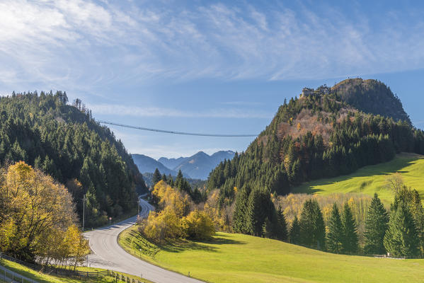 Reutte, Tyrol, Austria, Europe. Ehrenberg Castle and the Highline 179, the world’s longest pedestrian suspension bridge.