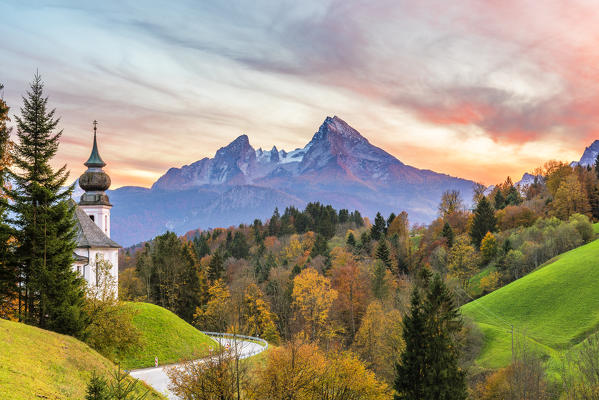 Maria Gern, Berchtesgaden, Bavaria, Germany, Europe. The church of Maria Gern at sunset