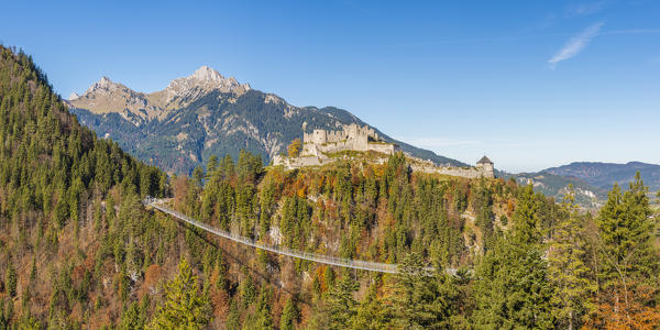 Reutte, Tyrol, Austria, Europe. Ehrenberg Castle and the Highline 179, the world’s longest pedestrian suspension bridge.