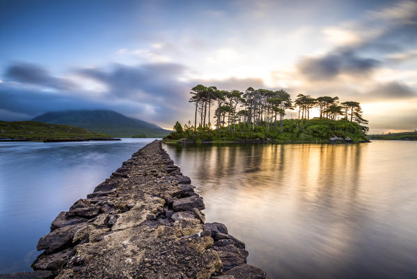 Connemara, County Galway, Connacht province, Ireland, Europe. Lough Inagh lake with Pines Island.