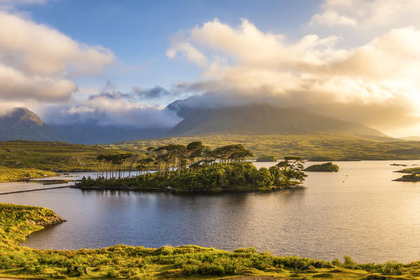Connemara, County Galway, Connacht province, Ireland, Europe. Lough Inagh lake with Pines Island.