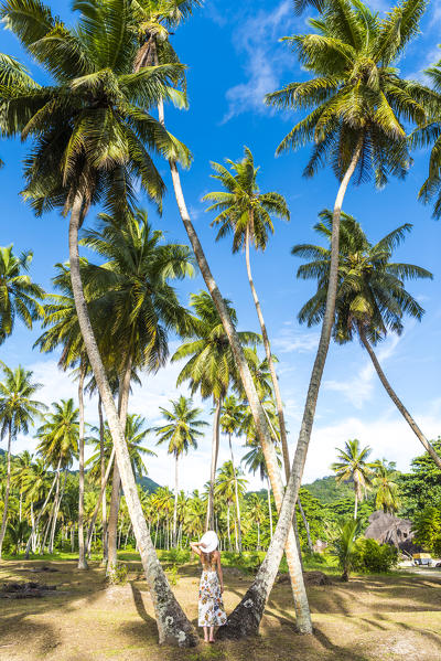 Woman exploring the Union Estate Plantation on La Digue island. La Digue, Seychelles, Africa