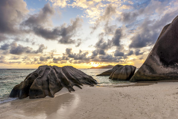 Sunset at Anse Source d'Argent, La Digue island, Seychelles, Africa