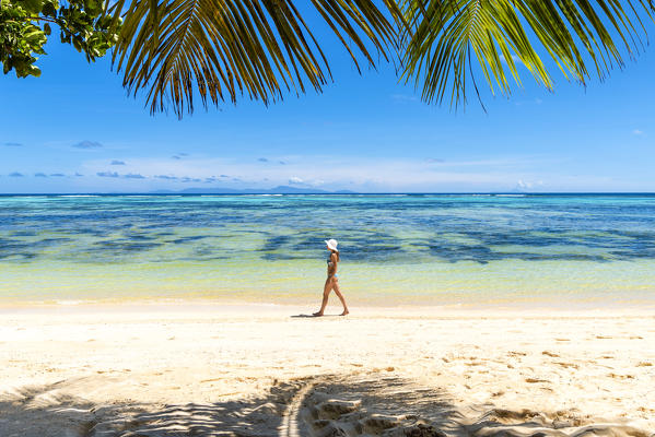 A beautiful young woman strolling along the tropical beach. La Digue, Seychelles, Africa