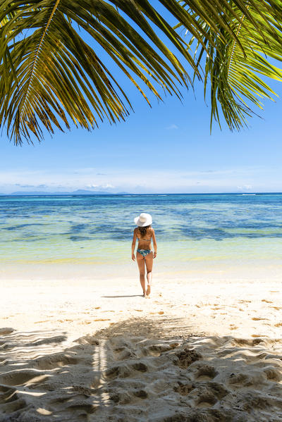 A beautiful young woman strolling along the tropical beach. La Digue, Seychelles, Africa