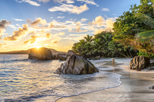 A young woman enjoys the sunrise on Anse Patates beach. La Digue, Seychelles, Africa (MR)