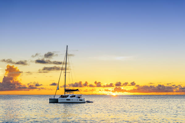 Berthed yacht in the bay of Anse Georgette, Praslin, Seychelles, Africa