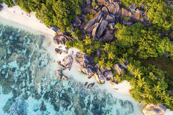 Aerial view of Anse Source d'Argent beach, La Digue island, Seychelles, Africa