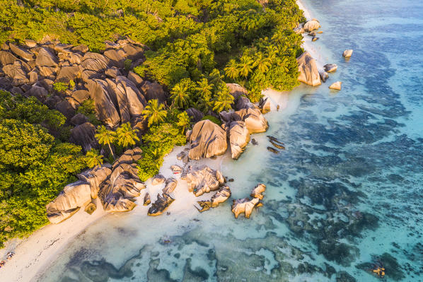 Aerial view of Anse Source d'Argent beach, La Digue island, Seychelles, Africa