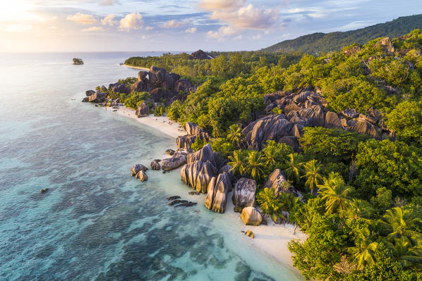 Aerial view of Anse Source d'Argent beach, La Digue island, Seychelles, Africa