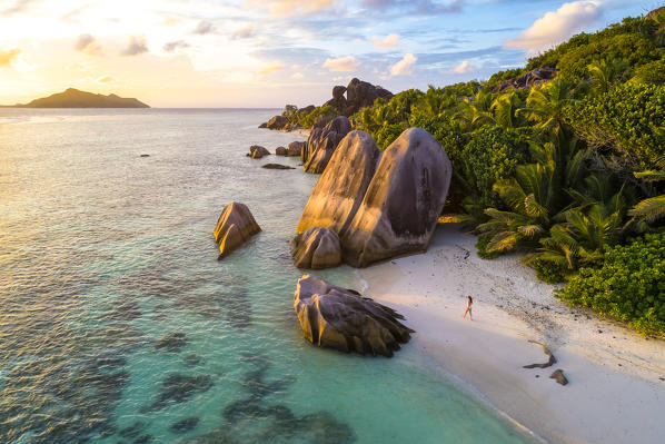 Aerial view of Anse Source d'Argent beach at sunset, La Digue island, Seychelles, Africa (MR)