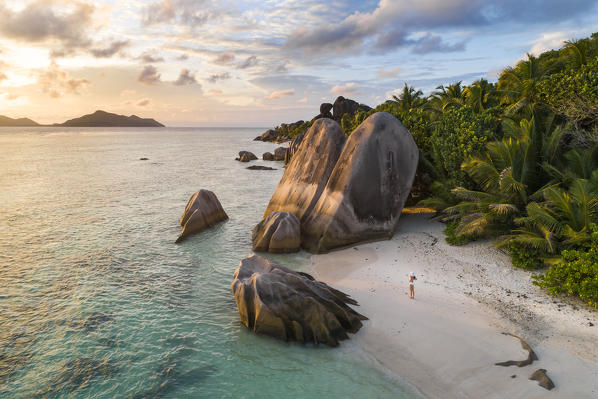 Aerial view of Anse Source d'Argent beach at sunset, La Digue island, Seychelles, Africa